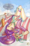  1girl acecore2k aqua_eyeshadow aqua_one-piece_swimsuit beach_umbrella blue_eyes blue_sky bow breasts cleavage clothing_cutout colored_eyelashes commentary drink english_commentary eyeshadow glass hair_bow high_ponytail highres looking_at_viewer lotion lying makeup marker_(medium) marvel marvel_rivals medium_breasts mixed_media multicolored_eyeshadow official_alternate_costume on_back one-piece_swimsuit outdoors parted_lips pink_eyeshadow ponytail psylocke psylocke_(breezy_butterfly) purple_hair purple_lips purple_nails red_bow sand signature sky solo stomach_cutout striped_towel sunscreen swimsuit sword sword_on_back thigh_strap traditional_media umbrella vertical-striped_towel weapon weapon_on_back x-men 
