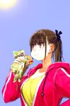  1girl black_ribbon blue_sky breasts brown_eyes brown_hair c: cheek_bulge cleavage closed_mouth collarbone commentary_request cropped day earbuds earphones eating eyelashes food from_side hair_ribbon hand_up highres holding holding_food holding_sandwich hood hooded_jacket jacket jun_(navigavi) large_breasts long_hair long_sleeves looking_to_the_side nose original outdoors partially_unzipped pink_jacket ponytail revision ribbon sandwich scoop_neck shirt sidelocks simple_background sky smile solo subway_(company) sun sweat upper_body wet wireless_earphones yellow_shirt 