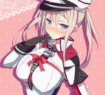  9law blue_eyes breasts capelet gloves graf_zeppelin_(kantai_collection) hat kantai_collection large_breasts long_hair military military_uniform necktie peaked_cap silver_hair solo twintails uniform 