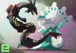  alternate_color black_sclera claws colored_sclera commentary_request dragon eastern_dragon ewokakukaede fangs flying hexagon highres no_humans open_mouth pokemon pokemon_(creature) pokemon_focus rayquaza shiny_pokemon snake white_eyes yellow_eyes zygarde zygarde_(50) 