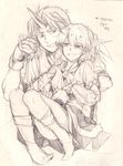  arm_warmers graphite_(medium) grin half-closed_eyes holding_hands horn hoshiguma_yuugi kneehighs mizuhashi_parsee monochrome multiple_girls no_shoes pointy_ears rex_k size_difference sketch smile smirk socks touhou traditional_media 
