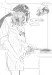  ... 2girls absurdres choru collared_shirt commentary english_text greyscale hand_blush hand_on_another's_waist highres holding_pan jujutsu_kaisen kugisaki_nobara long_hair monochrome multiple_girls shirt short_hair speech_bubble spoken_ellipsis yuri zen'in_maki 