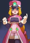 1girl :d black_bodysuit blonde_hair blue_eyes bodysuit breasts chiwino commentary_request gloves hat holding holding_whip long_hair looking_at_viewer mega_man_(series) mega_man_zx open_mouth pink_hat prairie_(mega_man) shaded_face simple_background smile solo very_long_hair whip white_gloves 
