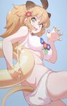  1girl animal_ears ass bikini blue_background blush breasts brown_hair commentary_request extra_ears flower hair_flower hair_ornament highres kemono_friends kemono_friends_3 large_breasts lion_(kemono_friends) lion_ears lion_girl lion_tail long_hair looking_at_viewer lowlandgorilla open_mouth simple_background solo swim_ring swimsuit tail white_bikini yellow_eyes 