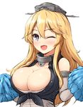  ;d bare_shoulders blonde_hair blue_eyes blush breasts buttons cleavage detached_sleeves don_(29219) hair_between_eyes headgear iowa_(kantai_collection) kantai_collection large_breasts long_hair looking_at_viewer one_eye_closed open_mouth pom_poms smile solo star star-shaped_pupils symbol-shaped_pupils 