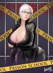  bodysuit breasts glasses katoyo85 large_breasts prison_school shiraki_meiko short_hair silver_hair solo zipper 