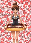  1girl artist_request asahina_aoi blue_eyes blush breasts brown_hair cleavage danganronpa dark_skin doughnut food hair_ornament looking_at_viewer smile solo standing swimsuit 