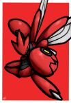  bug colored_skin commentary_request ewokakukaede highres insect_wings metal_skin no_humans pincers pokemon pokemon_(creature) red_background red_skin scizor wings yellow_eyes 