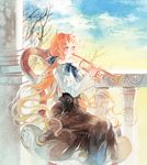  arch bare_tree black_skirt blue_sky chair closed_eyes cloud day holding instrument long_hair music orange_hair original outdoors pillar playing_instrument rei_(456789io) ruins sitting skirt sky solo traditional_media tree trumpet watercolor_(medium) 