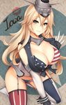  american_flag_bikini bikini breasts cleavage collarbone elbow_gloves flag_print garter_belt gloves grey_eyes headgear highres iowa_(kantai_collection) kantai_collection kneeling large_breasts lipstick_mark long_hair looking_at_viewer micro_bikini no_pants shirt shirt_tug smile solo star star-shaped_pupils striped striped_legwear swimsuit symbol-shaped_pupils thighhighs tied_shirt tony_guisado underboob very_long_hair 