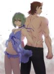  2boys ao_no_kiseki babydoll back-to-back black_pants blue_babydoll blue_panties brown_hair closed_mouth commentary_request crossdressing crossdressing_(mtf) eiyuu_densetsu frilled_babydoll frilled_panties frills green_hair isa_(peien516) looking_at_viewer looking_back male_focus multiple_boys navel panties pants short_hair simple_background topless_male underwear wald_valles wazy_hemisphere white_background yaoi yellow_eyes 
