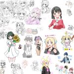  6+girls absurdres antennae anyoji_hime artist_request black_hair black_jacket black_leotard black_ribbon black_sweater blue_jacket bottle breasts cleavage clipboard collarbone collared_dress dress embarrassed fishnet_pantyhose fishnets flower food fujishima_megumi fujishima_megumi_(post-graduation_casual) green_eyes grey_jacket hair_ribbon heart highres hinoshita_kaho hinoshita_kaho_(birthday_jirai_kei) holding holding_bottle holding_clipboard holding_flower ice_cream jacket jikkyou_powerful_pro_yakyuu kachimachi_kosuzu katsuragi_izumi lanyard large_breasts leotard love_live! love_live!_hasu_no_sora_jogakuin_school_idol_club low_twintails magicaldraw_(medium) maid miha_(mihasu_ll) milk_bottle momose_ginko momose_ginko_(hasu_no_shoushihenkei_no_kyuujitsu) momose_ginko_(osanpo_nikki) multiple_girls murano_sayaka ogami_sachi okomero open_clothes open_jacket osawa_rurino osawa_rurino_(summer_casual) otomune_kozue paint_chat_(medium) pantyhose partially_colored pink_hair pink_shirt playboy_bunny purple_sweater qr_code red_shirt reisawa_aoi ribbon shinowa_mion shirt short_hair short_sleeves short_twintails strapless strapless_leotard sunflower sweater tom_(tom_and_jerry) tom_and_jerry turtleneck turtleneck_sweater twintails virtual_youtuber white_dress white_shirt yellow_eyes yellow_flower zangemiya 