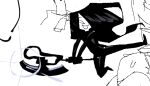  2girls baggy_pants black_bodysuit black_hair blank_eyes bodysuit clone_girl_(teknodice) clothes_around_waist dynamic_pose edith_(teknodice) glint hair_flowing_over happy holding holding_scythe kicking long_hair magma_(medium) multiple_girls oekaki original paint_chat_(medium) pants partially_shaded_face scythe sketch solid_eyes solo_focus spandex sweater sweater_around_waist teknodice turtleneck turtleneck_bodysuit very_long_hair 