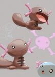  :d :o black_eyes commentary_request ewokakukaede grey_background highres no_humans open_mouth paldean_wooper pokemon pokemon_(creature) pokemon_focus skull_and_crossbones smile standing tail wooper 