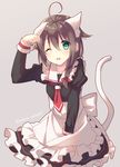  adapted_costume ahoge alternate_costume animal_ears apron black_dress blue_eyes braid brown_hair cat_ears cat_tail dress enmaided frilled_dress frills hair_flaps hair_over_shoulder highres kantai_collection long_sleeves maid maid_apron one_eye_closed open_mouth paw_pose puffy_long_sleeves puffy_sleeves shigure_(kantai_collection) single_braid solo tahya tail twitter_username 