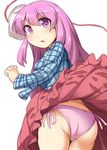  ass blush fun_bo hata_no_kokoro long_hair mask open_mouth panties pink_panties purple_eyes purple_hair side-tie_panties skirt skirt_lift solo touhou underwear wind wind_lift 