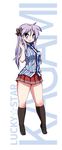  :d blue_eyes blush character_name copyright_name employee_uniform hand_on_hip hiiragi_kagami lavender_hair lawson long_hair looking_at_viewer lucky_star mizushima_(p201112) open_mouth pleated_skirt red_skirt skirt smile socks solo twintails uniform white_background 