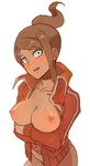  1girl artist_request asahina_aoi blue_eyes bottomless breasts brown_hair danganronpa dark_skin hair_ornament looking_at_viewer nipples simple_background sportswear tagme white_background 