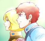  1boy 1girl 2024 amuro_ray blonde_hair blue_eyes blue_jacket brown_hair collared_jacket commentary_request dated earth_federation earth_federation_space_forces furrowed_brow green_background gundam highres jacket kobakin mecha_pilot_suit medium_hair military_rank_insignia mobile_suit_gundam pink_jacket profile sayla_mass science_fiction serious short_hair signature 
