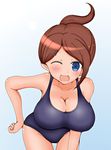  1girl artist_request asahina_aoi bare_shoulders blue_eyes blush breasts brown_hair cleavage danganronpa dark_skin hair_ornament large_breasts leaning_forward long_hair looking_at_viewer one_eye_closed simple_background smile solo standing swimsuit tagme 