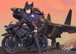  1girl aircraft airplane animal_ears biker_clothes bikesuit black_gloves black_hair bodysuit closed_mouth colored_inner_hair commentary_request double-parted_bangs fighter_jet fox_ears gloves grey_eyes hair_between_eyes helmet holding holding_unworn_helmet kanfushi lasyusha_(vrchat) light_smile long_hair military_vehicle motor_vehicle motorcycle motorcycle_helmet multicolored_hair on_motorcycle outdoors sidelocks signature sky solo unworn_headwear unworn_helmet vrchat 