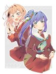  2girls aqua_eyes aqua_neckerchief blonde_hair blue_hair breasts brown_dress cerise_bouquet commentary_request dress green_eyes hair_bun hasu_no_sora_school_uniform highres hinoshita_kaho long_hair long_sleeves love_live! love_live!_hasu_no_sora_jogakuin_school_idol_club multiple_girls neckerchief orange_neckerchief otomune_kozue pleated_dress ponytail puffy_long_sleeves puffy_sleeves sailor_dress school_uniform single_hair_bun small_breasts smile twitter_username wolf_ggwin 
