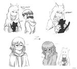  1boy 1other =_= ? androgynous animal artist_name asriel_dreemurr blush caribun cat closed_eyes comic covering_mouth directional_arrow english flying_sweatdrops frisk_(undertale) greyscale holding holding_animal holding_cat hood hoodie horns jacket md5_mismatch monochrome monster_boy older scarf simple_background spoilers stitched third-party_edit undertale upper_body what_if white_background 