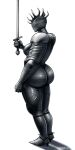  1girl armor ass breastplate breasts commentary deadmann_artworks english_commentary fake_horns from_side full_armor full_body gauntlets greaves helm helmet high_heels highres holding holding_sword holding_weapon horned_helmet horns huge_ass impossible_armor impossible_clothes knight large_breasts mortal_shell_ii ornate_armor plate_armor proxima_the_broodseeker shoulder_armor simple_background solo sword weapon white_background 