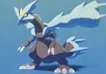  black_sclera blue_background claws colored_sclera commentary_request dragon ewokakukaede highres ice kyurem no_humans pokemon pokemon_(creature) pokemon_focus sharp_teeth standing tail teeth yellow_eyes 