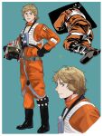  1boy black_boots black_gloves blonde_hair blue_eyes boots border foundlngs gloves helmet highres holding holding_unworn_helmet jumpsuit luke_skywalker multiple_views orange_jumpsuit outside_border short_hair star_wars star_wars:_a_new_hope unworn_headwear unworn_helmet white_border 