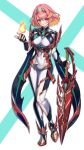  1girl absurdres aegis_sword_(xenoblade) bodysuit breasts chest_jewel commentary_request core_crystal_(xenoblade) covered_navel fingerless_gloves fire gloves gradient_hair hakusai_(hksicabb) highres large_breasts looking_at_viewer multicolored_hair official_alternate_costume official_alternate_hair_color orange_hair pyra_(switch_2)_(xenoblade) pyra_(xenoblade) pyrokinesis red_hair short_hair smile solo space_print starry_sky_print white_bodysuit xenoblade_chronicles_(series) xenoblade_chronicles_2 