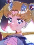  1girl bishoujo_senshi_sailor_moon blue_eyes blue_sailor_collar choker circlet closed_mouth crescent crescent_earrings curtained_hair double_bun earrings from_side hair_bun hair_ornament heart heart_choker jewelry long_hair looking_at_viewer magical_girl p_m_ame portrait sailor_collar sailor_moon sailor_senshi_uniform shirt solo sun super_sailor_moon tearing_up tsukino_usagi turning_head twintails white_shirt yellow_choker 
