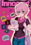  1girl absurdres alien_stage alternate_costume bag blue_pants character_name commentary english_commentary english_text glasses highres holding holding_notebook layered_shirt mizi_(alien_stage) notebook pants pink_background pink_hair pink_shirt plaid_clothes plaid_shirt popiku_u purple_bag shirt short_hair shoulder_bag solo star_(symbol) very_short_hair yellow_eyes 