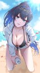  3girls beach bikini black_bikini blue_eyes blue_hair bottle breasts chain chain_headband cloud colored_inner_hair commentary crab fanged_bangs hair_intakes hakos_baelz highres holding holding_bottle holocouncil hololive hololive_english holonatsu_paradise holopromise irys_(hololive) jacket kneeling large_breasts leaning_forward long_hair looking_at_viewer multicolored_hair multiple_girls nl_p168 ocean ouro_kronii ouro_kronii_(holonatsu_paradise) ponytail solo_focus sunlight swimsuit untranslatable_commentary virtual_youtuber white_jacket 