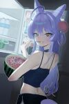  1girl absurdres ahoge bajibin25 bare_arms belt_collar black_shorts blue_camisole blue_collar blue_eyes blue_panties brown_eyes butt_crack camisole caught collar commentary_request cone_hair_bun cowboy_shot dolphin_shorts double_bun eating food food_on_face fruit hair_bun hair_intakes hair_ornament highres holding holding_food holding_fruit korean_commentary long_hair looking_at_viewer looking_back open_refrigerator outline panties panty_peek pom_pom_(clothes) pom_pom_hair_ornament purple_hair raised_inner_eyebrows refrigerator short_shorts shorts solo spaghetti_strap standing stellive straight_hair sweat tenko_shibuki turning_head underwear virtual_youtuber watermelon white_outline 