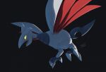  beak bird black_background black_eyes colored_sclera commentary_request ewokakukaede flying horns metal_skin no_humans pokemon pokemon_(creature) pokemon_focus single_horn skarmory tail talons wings yellow_sclera 