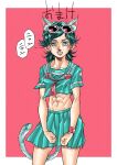  1girl abs aged_up animal_ears araki_hirohiko_(style) border cat_ears cat_tail commentary_request cowboy_shot crosshatching diamond_wa_kudakenai earrings hatching_(texture) heart highres jewelry jojo_no_kimyou_na_bouken midriff official_style peace_symbol pleated_skirt saradaver school_uniform shizuka_joestar short_sleeves skirt solo speech_bubble stud_earrings sunglasses tail teeth white_border 