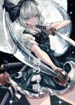  1girl black_background blue_eyes collared_shirt comiket_108 commentary_request cowboy_shot dual_wielding flower frilled_skirt frills green_skirt green_vest holding holding_sword holding_weapon jan_(lightdragoon) katana konpaku_youmu konpaku_youmu_(ghost) looking_at_viewer miniskirt puffy_short_sleeves puffy_sleeves red_flower reverse_grip shirt short_sleeves skirt solo sword touhou translation_request vest weapon white_shirt 