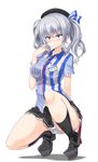  alternate_costume blue_eyes employee_uniform hat kantai_collection kashima_(kantai_collection) lawson long_hair mamo_williams panties pantyshot pantyshot_(squatting) shirt silver_hair skirt solo squatting twintails underwear uniform wavy_hair white_panties 