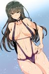  black_hair blush breasts brown_eyes cleavage girls_und_panzer hand_on_hip highres large_breasts long_hair looking_at_viewer navel nishizumi_shiho solo swimsuit wakura_(gcdan) wet 
