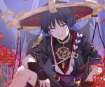  1boy absurdres arm_on_thigh armor bishounen black_bodysuit black_hair black_kimono black_shorts black_sleeves blunt_ends blurry blurry_background bodysuit commentary_request covered_collarbone falling_petals flower genshin_impact glowing glowing_eyes gold gold_trim grey_veil hat highres indoors japanese_armor japanese_clothes jewelry jingasa juban kimono kote kurokote layered_sleeves looking_at_viewer male_focus mandarin_collar mitsudomoe_(shape) neck_ring o-ring open_clothes open_kimono open_mouth petals purple_eyes purple_rope purple_sash purple_sleeves raised_eyebrow red_flower red_hat red_kimono red_petals red_sash rope saekiya_sabou sash scaramouche_(genshin_impact) scaramouche_(harbinger)_(genshin_impact) shimenawa short_sleeves shorts single_sode sitting smirk solo spider_lily tassel tomoe_(symbol) tsurime twitter_username variant_set veil white_kimono white_rope wispy_bangs wolf_cut 