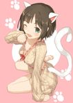  animal_ears bare_legs barefoot blush brown_hair cat_ears cat_tail dress fang green_eyes highres idolmaster idolmaster_cinderella_girls jonsun looking_at_viewer maekawa_miku one_eye_closed open_mouth sitting solo sweater sweater_dress tail yokozuwari 