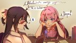  2girls black_hair blue_eyes breasts cleavage clipboard crossover elf elysia_(honkai_impact) elysia_(miss_pink_elf)_(honkai_impact) english_text holding holding_clipboard honkai_(series) honkai_impact_3rd iori_utahime japanese_clothes jujutsu_kaisen kimono large_breasts long_hair long_pointy_ears looking_at_another multiple_girls ofinnalp pink_hair pointy_ears scar scar_on_face scar_on_nose smile spoken_sweatdrop sweatdrop twitter_username very_long_hair white_kimono yuri 