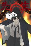  1girl arm_at_side arm_up bags_under_eyes black_hair black_jacket black_necktie black_pants blue_archive business_suit character_name closed_mouth collarbone commentary_request doodle_sensei_(blue_archive) dress_shirt expressionless fanfiction_available female_sensei_(blue_archive) fiery_background fire flat_color halo high_ponytail highres ibispaint_(medium) jacket jacket_on_shoulders jewelry kirishima_arima lapels long_hair long_sidelocks looking_at_viewer middle_ring multiple_rings necktie notched_lapels open_collar pant_suit pants paper_on_head ponytail red_eyes red_halo ring scar scar_on_arm sensei_(blue_archive) shirt shirt_tucked_in sidelocks solo suit suit_jacket three-quarter_sleeves translation_request twitter_username upper_body watch white_shirt wristwatch 