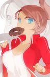  asahina_aoi bad_id bad_pixiv_id blue_eyes breasts brown_hair cleavage collarbone danganronpa danganronpa_1 doughnut eyebrows_visible_through_hair food jacket large_breasts lari looking_at_viewer mouth_hold open_clothes open_jacket ponytail red_jacket shirt short_hair solo standing upper_body white_shirt zoom_layer 