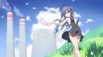  1girl absurdres bare_arms bare_legs black_dress black_halo blue_archive blue_hair blue_sky breast_cutouts breasts closed_mouth cloud cooling_tower dancing dress feet_out_of_frame from_below grass halo highres hoshi_kitsune long_hair mechanical_halo medium_breasts sky solo twintails yuuka_(blue_archive) 