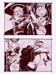  2boys absurdres ahoge aotsuki_eito belt cape cloak commentary crying crying_with_eyes_open disembodied_eye diymivokin drawing_sword english_commentary eyeshadow fire gakuran glasses greyscale halo headgear highres holding holding_scythe holding_sword holding_weapon jacket last_defense_academy_school_uniform looking_at_viewer makeup male_focus monochrome moon multicolored_hair multiple_boys open_mouth red_eyeshadow school_uniform scythe short_hair split_theme spoilers spot_color streaked_hair sumino_takumi sword tears teeth the_hundred_line_-last_defense_academy- weapon 