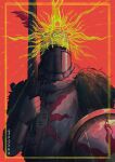  1boy armor commentary dark_souls_(series) dark_souls_i english_commentary garoshu_art helm helmet highres holding holding_polearm holding_shield holding_weapon inset_border knight male_focus plume polearm red_background shield solaire_of_astora solo sunlight_maggot tabard upper_body weapon 