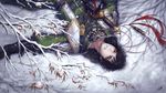  armor berry black_hair branch danhu facial_hair knife lying male_focus mustache on_back parted_lips shin_sangoku_musou signature snow solo sword weapon winter xu_shu 