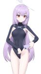  1girl absurdres adjusting_clothes atsuko_(blue_archive) atsuko_(leotard)_(blue_archive) black_leotard blue_archive blue_halo breasts cameltoe cellphone closed_mouth commentary_request covered_navel halo highleg highleg_leotard highres holding holding_phone leotard long_hair official_alternate_costume partial_commentary phone purple_hair red_eyes rodale small_breasts smartphone smile solo very_long_hair 